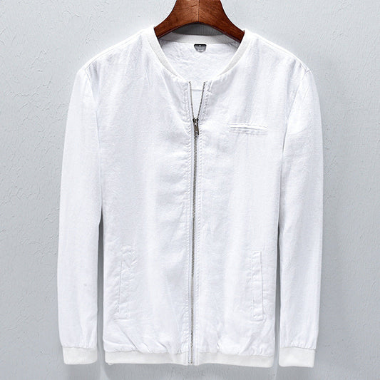 Men's linen stand collar jacket styled for a fall transitional linen outfit